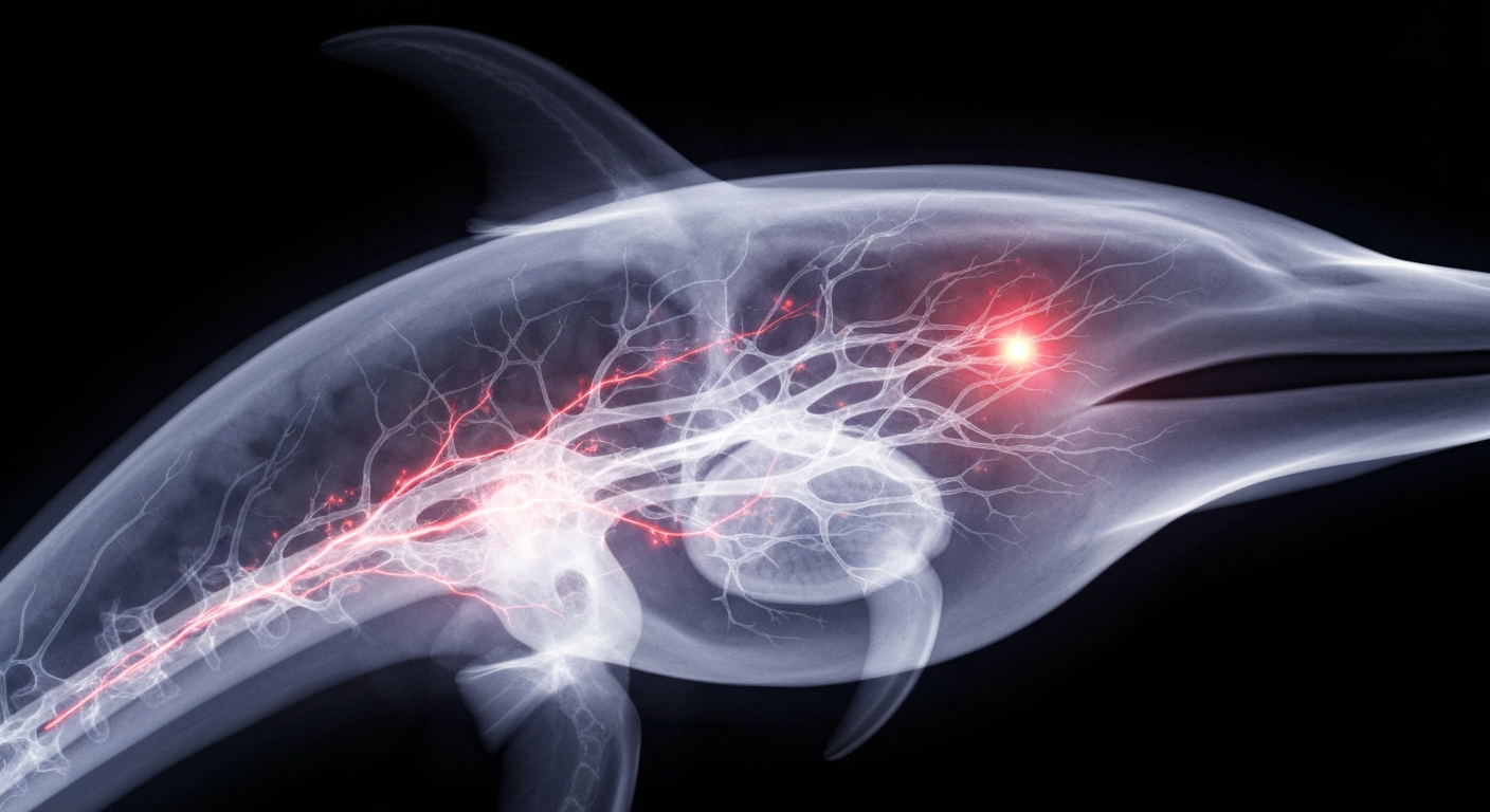 A highly detailed, translucent X-ray image showing the intricate neural structures of a dolphin's brain, with a faint red glow indicating the presence of a neurotoxin, conceptually illustrating the research into the effects of algal blooms on marine life.