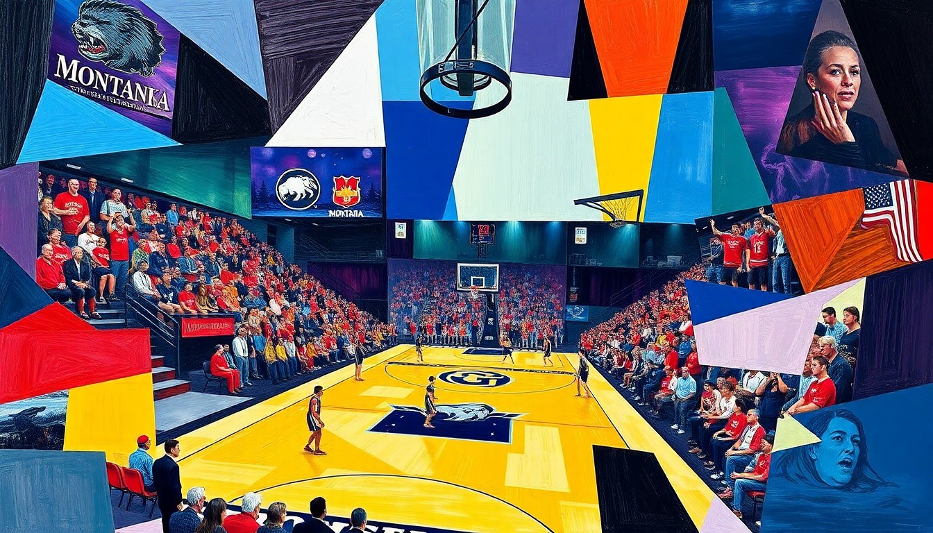 A cubist, geometric painting featuring overlapping planes of bright green, gold, and maroon colors, representing the fragmented nature of the University of Montana's basketball team.