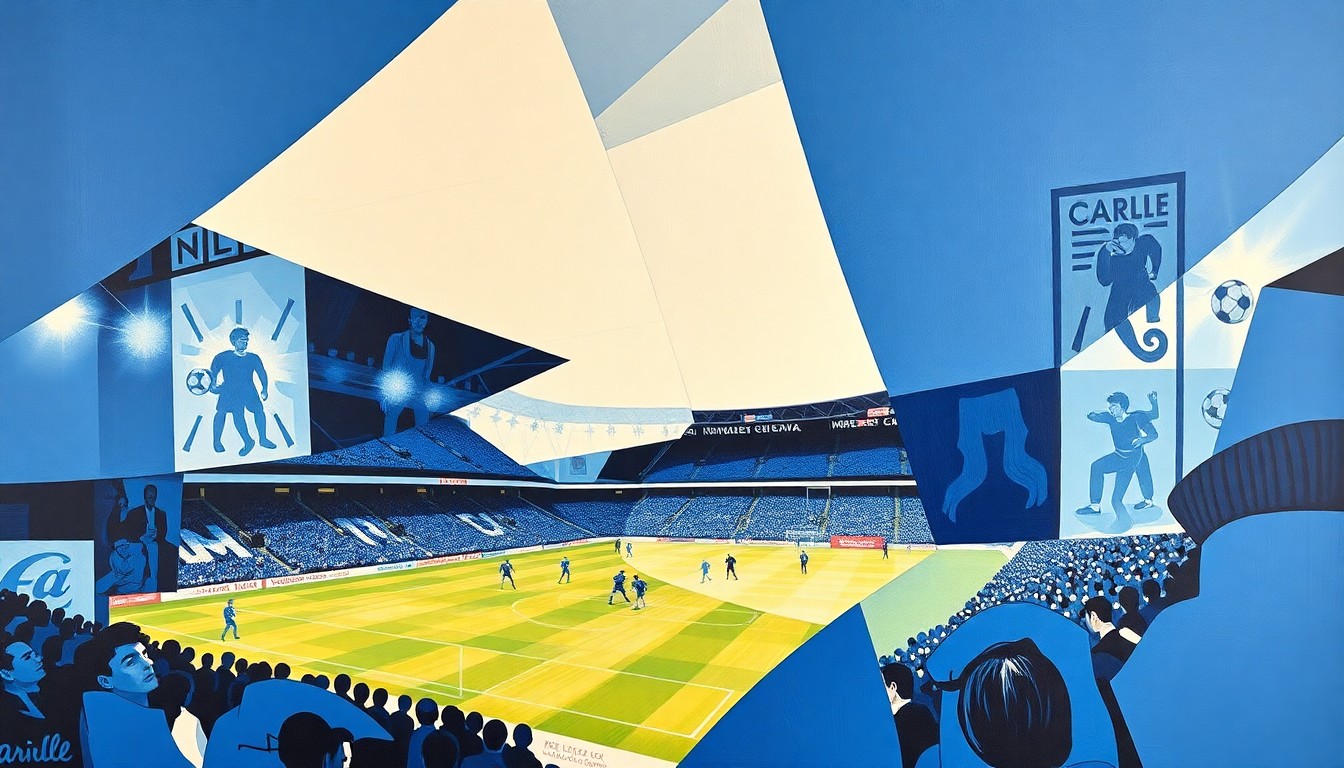 A cubist, geometric painting depicting a Carlisle United football match, with the players and field broken down into sharp, overlapping planes of blue and white.