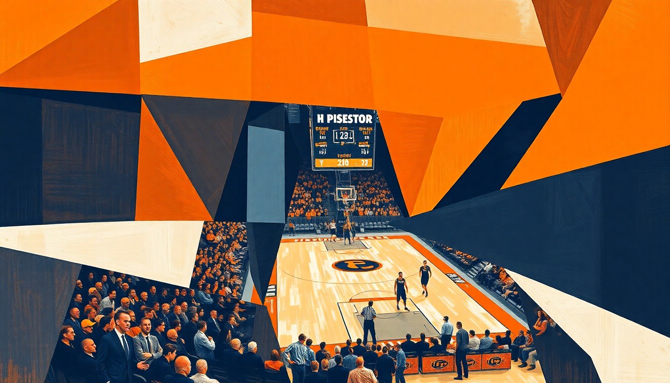 A cubist, geometric painting depicting a fragmented UTEP basketball game, with sharp, overlapping planes in the team's colors of orange, blue, and white, conceptually representing the program's need to rebuild from the ground up.