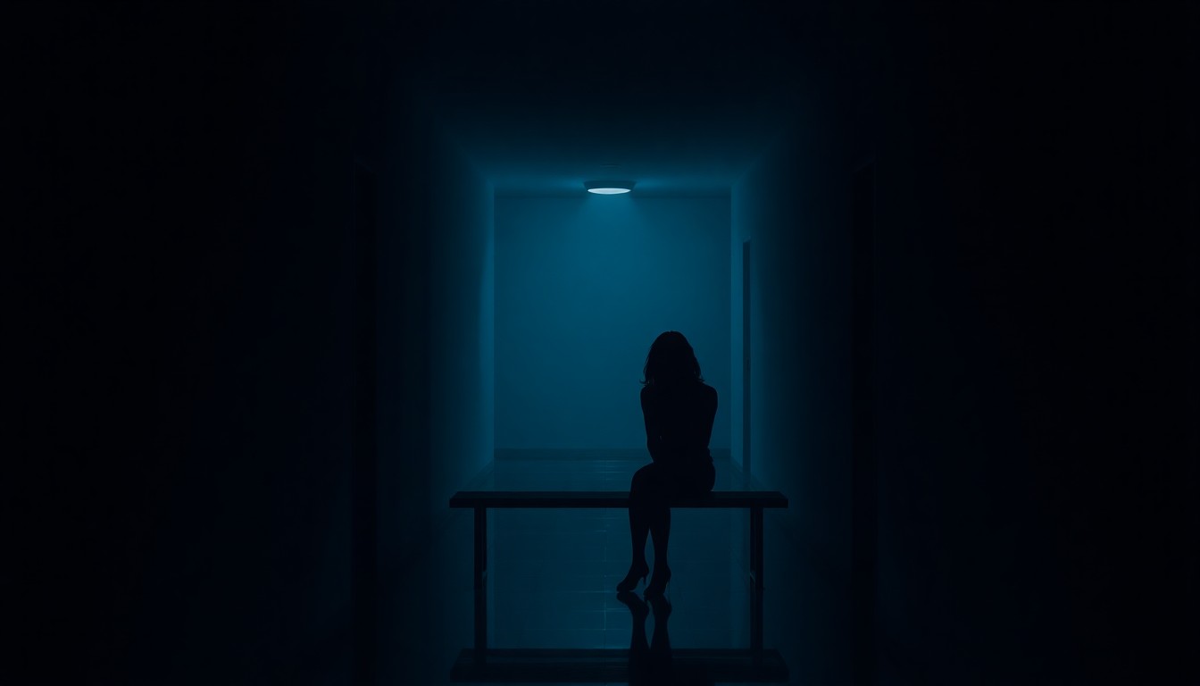 A shadowy, cinematic painting of a lone figure sitting on a bench in an empty, dimly lit hallway, conveying a sense of isolation and despair.