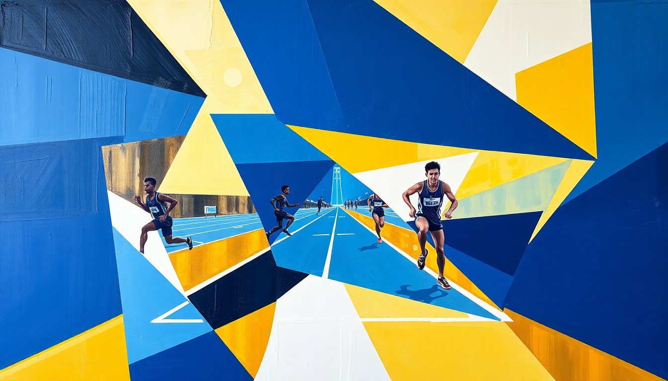 A cubist, geometric painting depicting a track and field competition, with sharp, overlapping planes of navy blue, gold, and white representing the dynamic movements and team spirit of the event.
