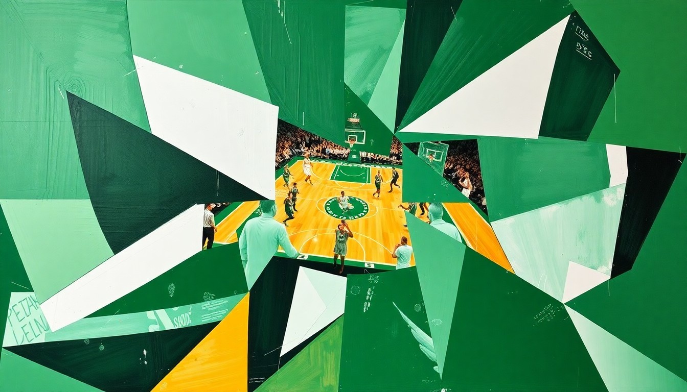 A cubist, geometric painting depicting a fragmented basketball game, with sharp planes of green, white, and gold representing the energy and movement of the sport.
