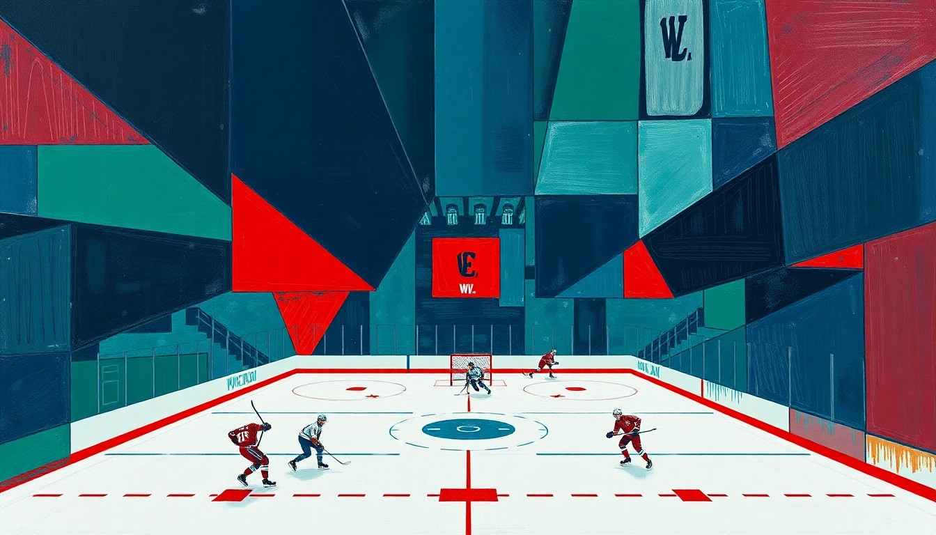 A fractured, cubist-style painting depicting the chaotic energy of a college hockey game, with players and the puck fragmented into overlapping geometric shapes in shades of blue, green, and red.