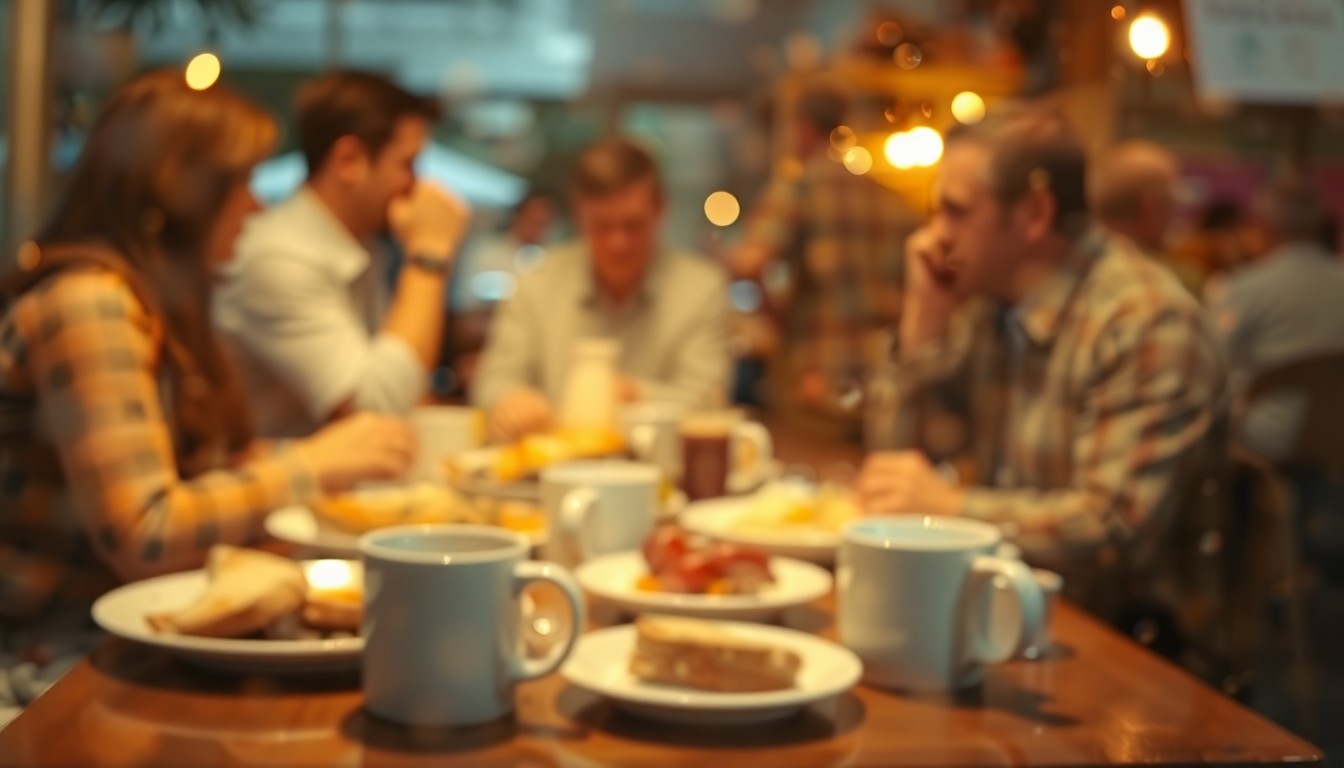 An extremely blurred, out-of-focus image featuring the hazy outlines of brunch dishes, coffee mugs, and indistinct human figures, all bathed in a warm, soft glow, conceptually representing the cozy, intimate experience of weekend brunch in Des Moines.