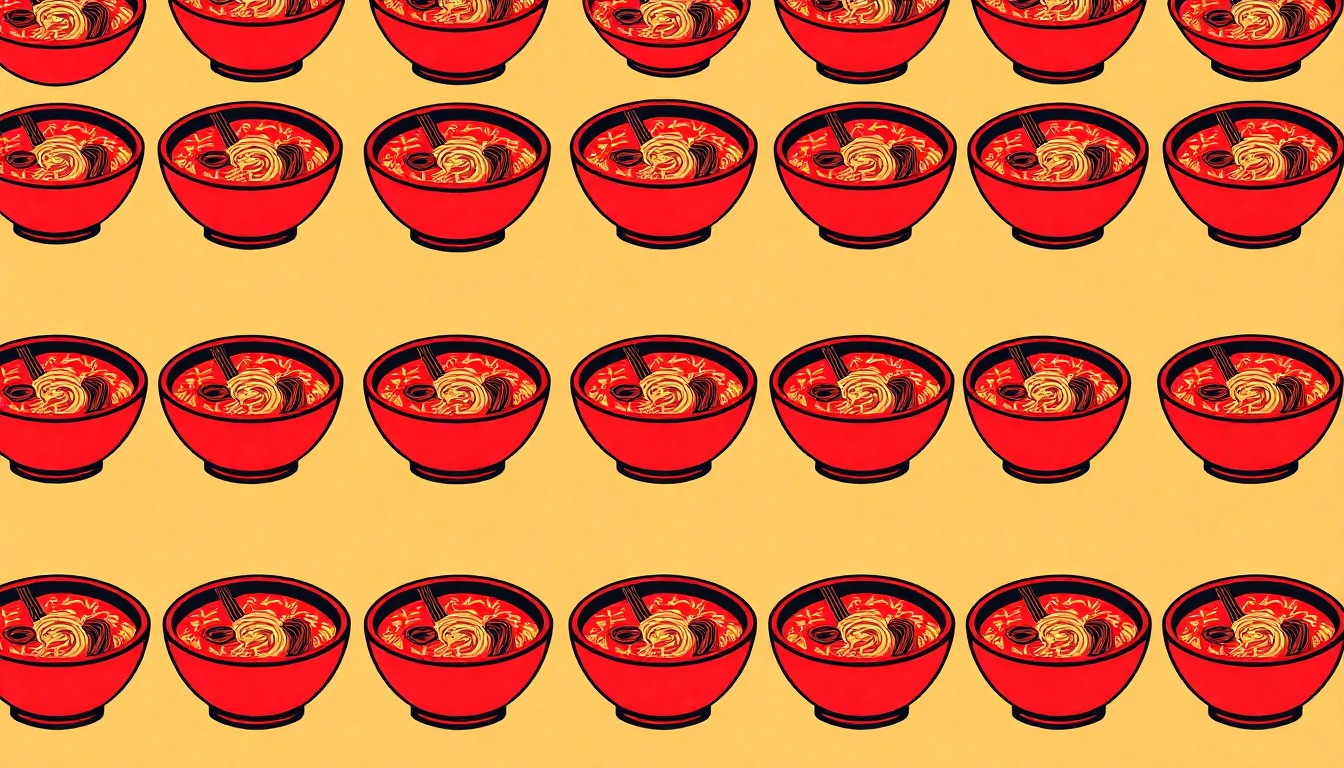 A highly stylized, abstract illustration of a ramen bowl repeated in a grid pattern, rendered in bold, neon-like colors and heavy black outlines, conceptually representing the elevated dining experience at the new Iowa City restaurant.