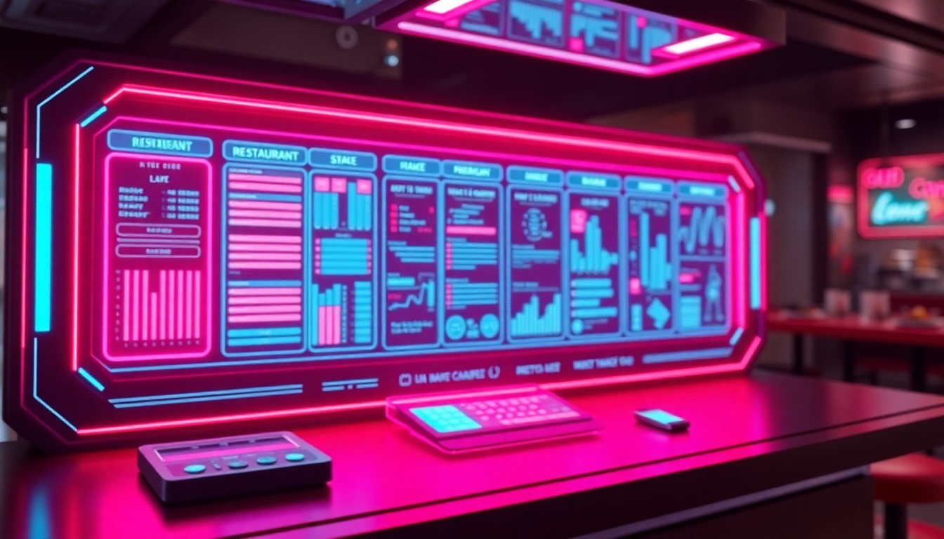 A highly detailed 3D illustration of a glowing, futuristic restaurant technology control panel with neon cyan and magenta lights, conceptually representing the intelligent automation of digital restaurant operations.
