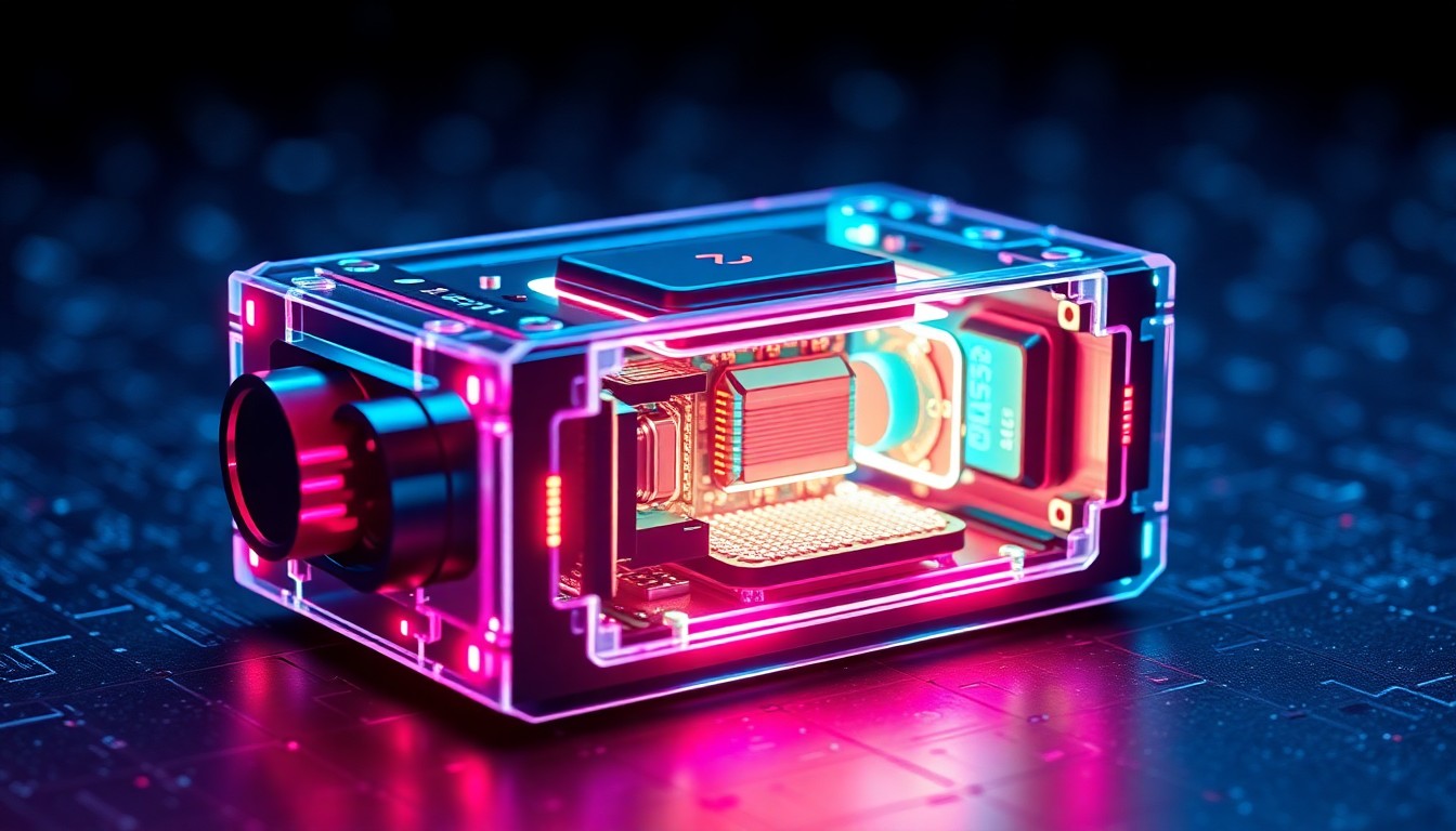 A highly detailed, glowing 3D macro illustration of a futuristic LiDAR sensor module with intricate internal components illuminated by neon cyan and magenta lights, conceptually representing the advanced capabilities of Lumotive's programmable optical semiconductor platform.