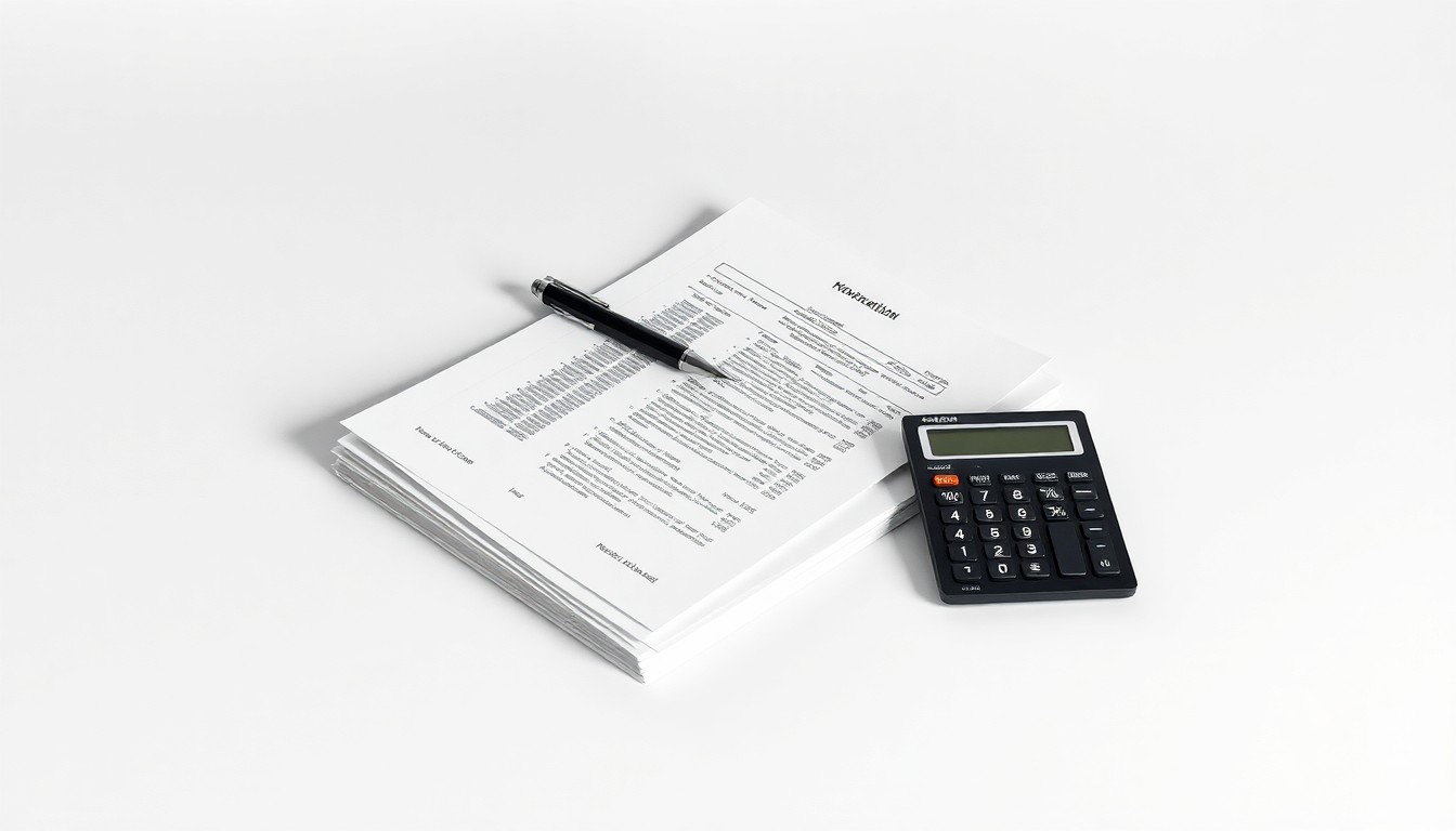 A minimalist studio still-life photograph featuring a stack of financial documents, a pen, and a calculator arranged elegantly on a clean, monochromatic background, representing the integration of Moody's expertise into Anthropic's AI platform.