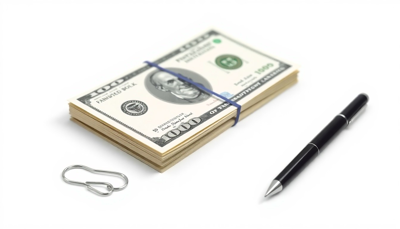 A photorealistic studio still life featuring a stack of dollar bills, a metal paperclip, and a modern pen, all arranged elegantly on a clean white background to symbolize the financial services and corporate culture of Fifth Third Bank.