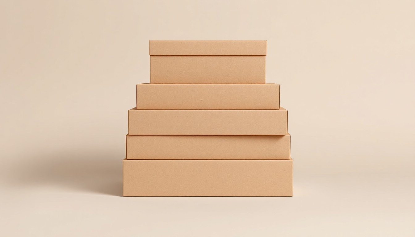 A high-end, photorealistic studio still-life photograph featuring a stack of premium, matte-finished cardboard boxes in neutral earth tones, arranged elegantly on a clean, monochromatic seamless background with dramatic lighting and shadows.