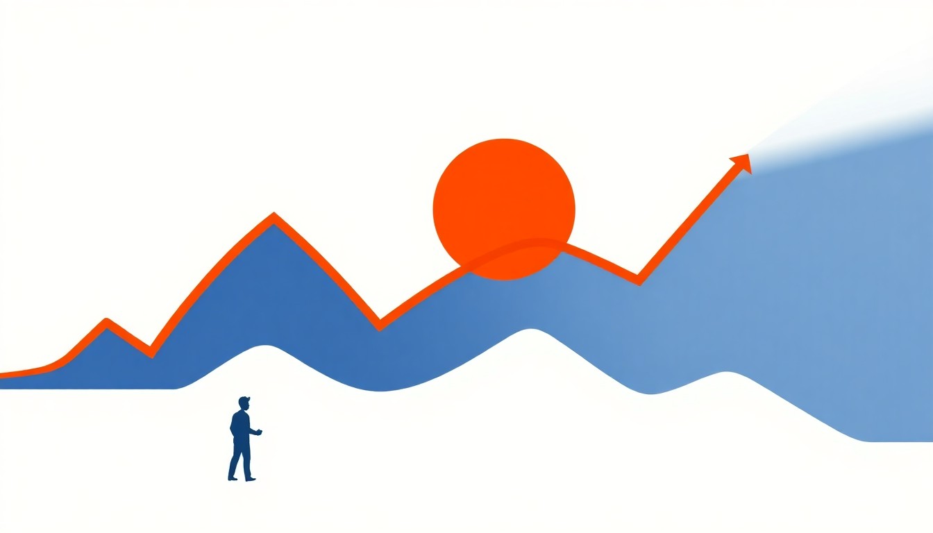 A vibrant abstract illustration composed of overlapping triangles and rectangles in shades of blue, red, and yellow, conveying a sense of economic volatility and uncertainty without any literal depictions.