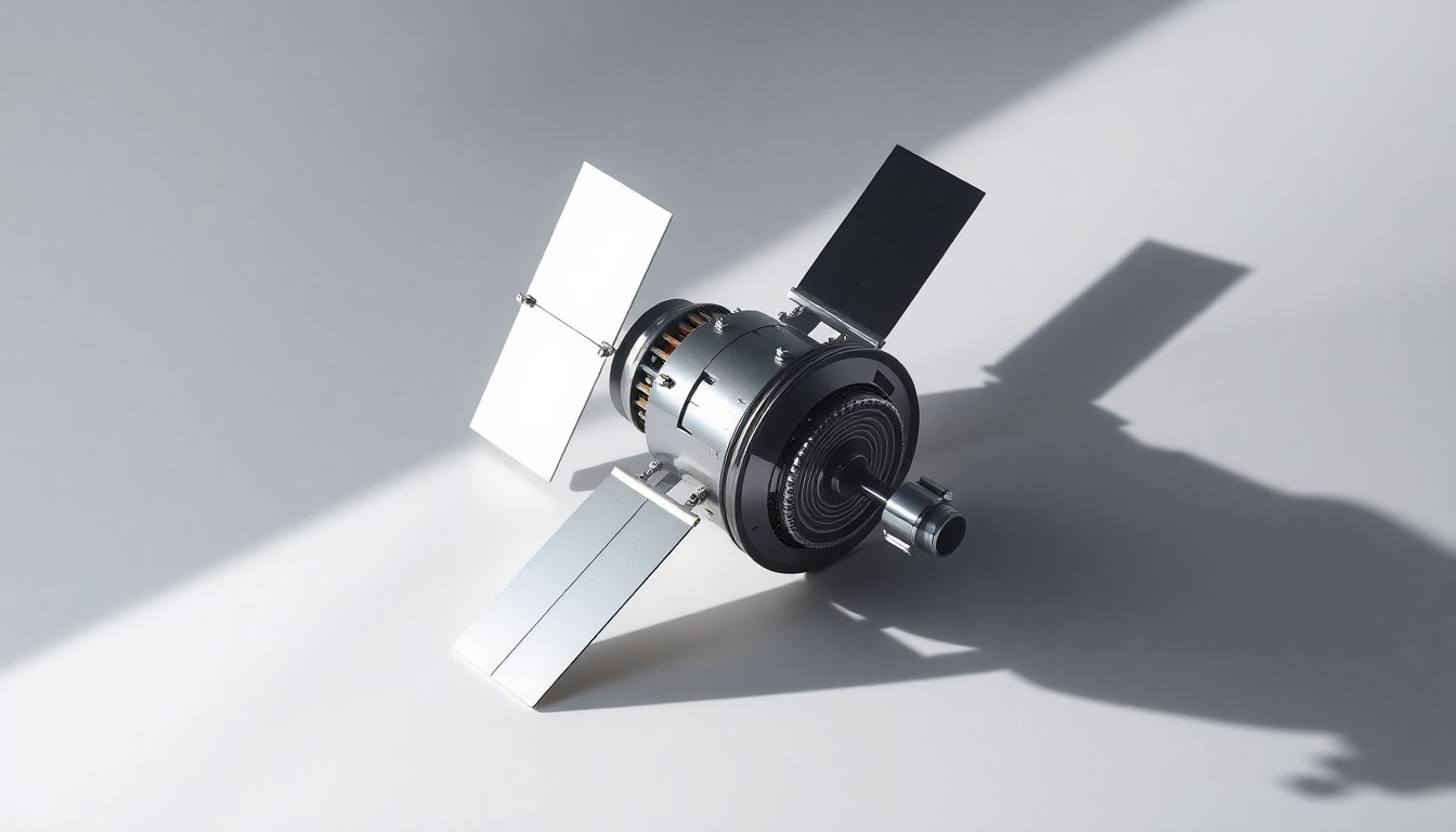 A photorealistic studio still-life photograph of a sleek, metallic satellite model resting on a clean, monochromatic background, conceptually representing the advanced aerospace technology and engineering capabilities of Argotec's new facility in Melbourne.