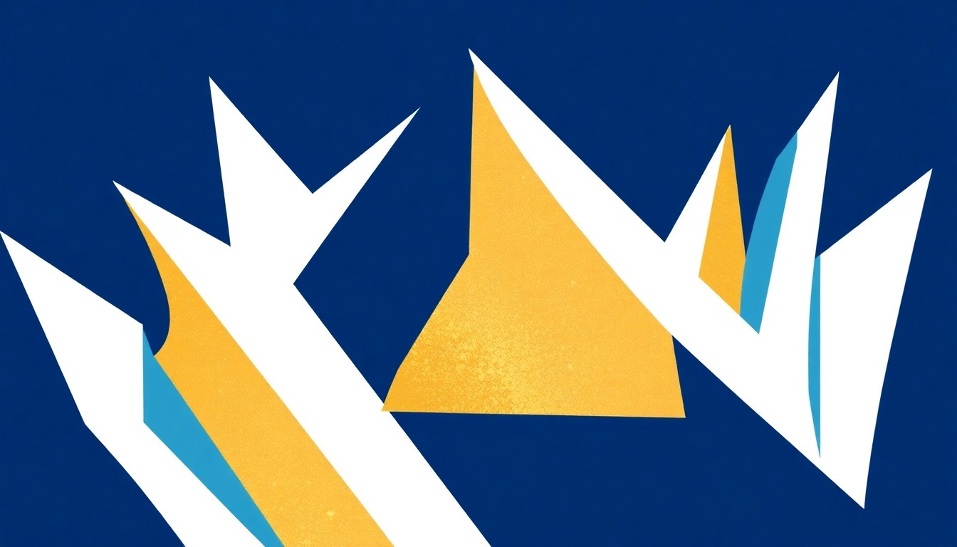 An abstract illustration featuring bold, geometric shapes in shades of blue, white, and gold, conceptually representing the refined elegance of a classical chamber music performance.