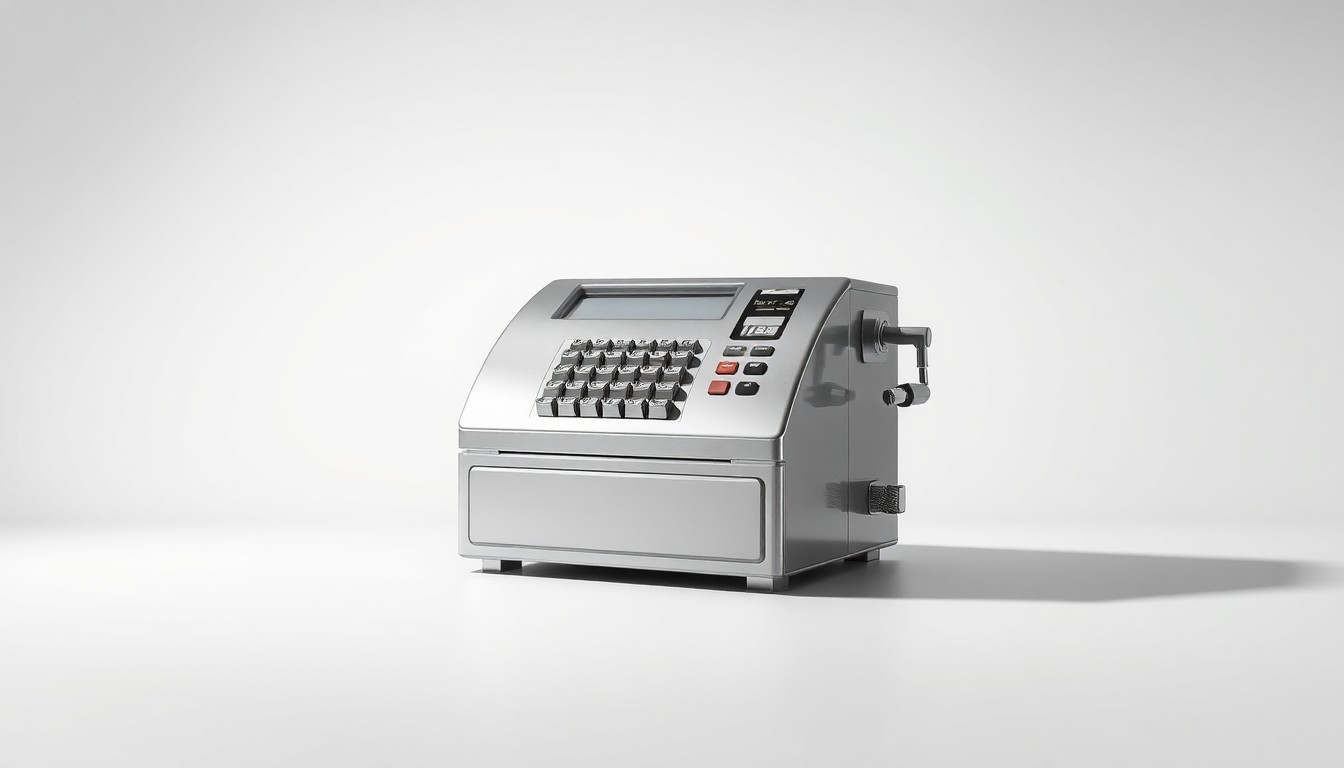 A highly detailed, photorealistic studio photograph of a polished, geometric metal cash register or fuel pump, dramatically lit to showcase the object's sleek design and convey a sense of financial strength and operational resilience.