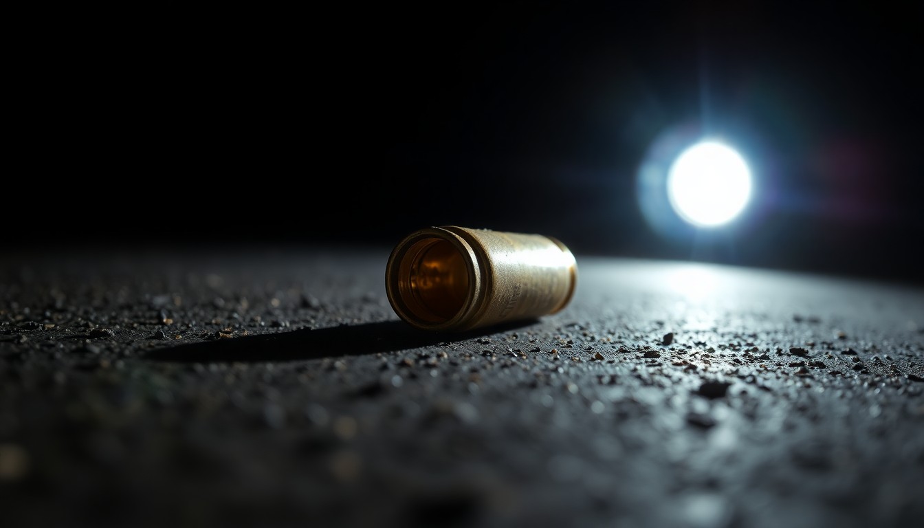 An extreme close-up of a spent bullet casing on a dark, textured surface, creating a stark, gritty visual that conceptually represents the gun violence impacting this Chicago neighborhood.