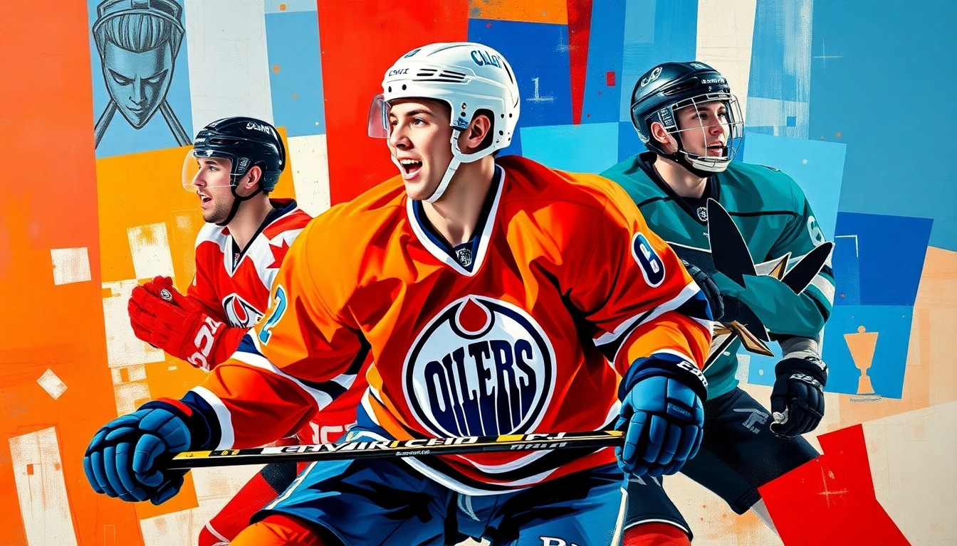 A heavily fragmented, geometric painting depicting the dynamic movements and energy of a hockey game, with the vibrant colors of the competing teams' uniforms creating a sense of motion and intensity.