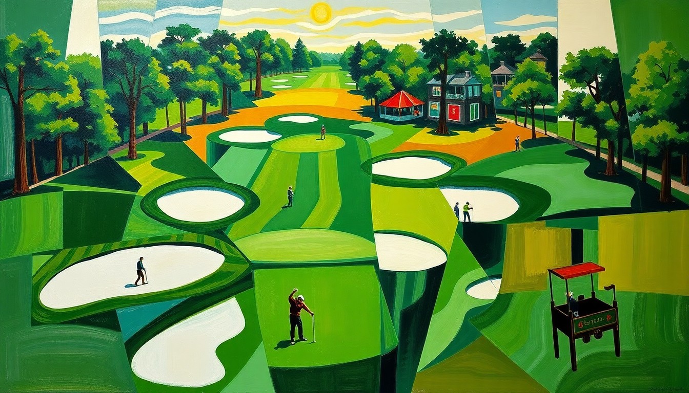 A cubist, geometric painting depicting the Masters golf tournament, with overlapping planes of green fairways, white bunkers, and colorful player silhouettes, capturing the energy and competition of the event.