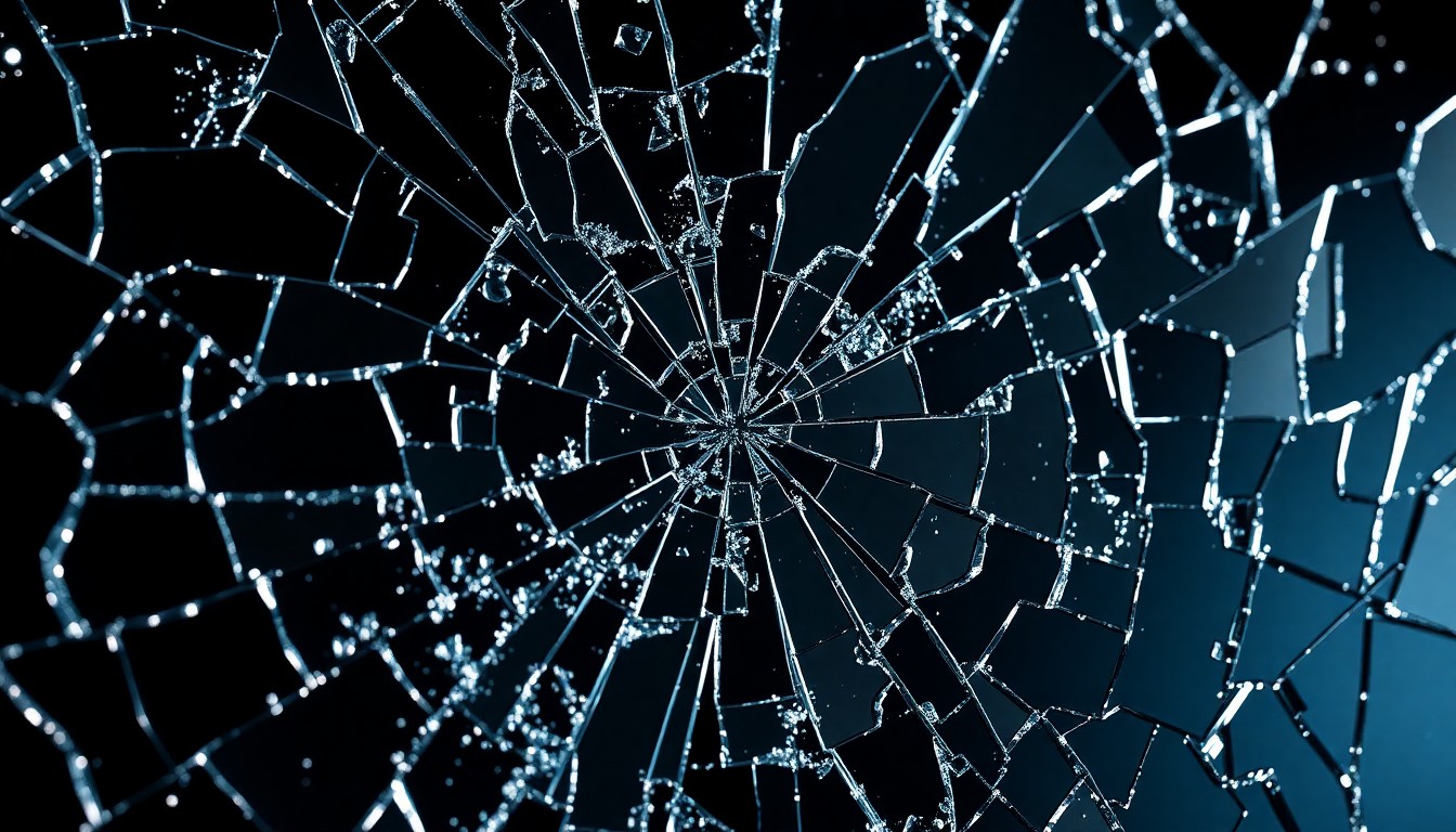 An abstract close-up photograph featuring shattered glass and cracked mirror textures in dramatic high-contrast lighting, conceptually representing the damaged reputation and legal troubles of a famous public figure.