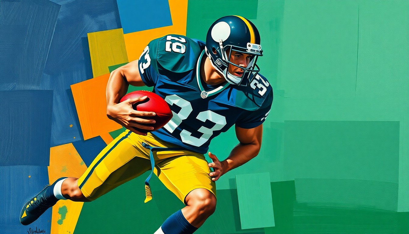 A cubist-style painting depicting a football player in mid-tackle, broken down into sharp, overlapping geometric shapes in a palette of navy, green, and orange, conceptually representing the impact a trade for Maxx Crosby could have on the NFL.