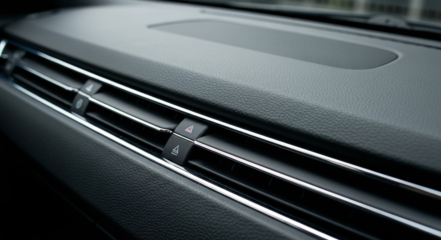 An extreme close-up photograph of the textured surface of a car's dashboard, with the matte black plastic, chrome trim, and leather accents rendered in dramatic lighting that creates a sense of depth and materiality.