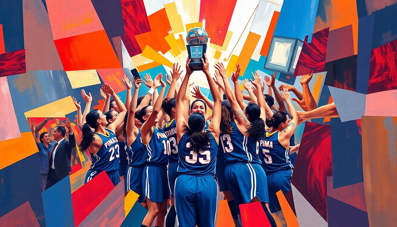 A fractured, multi-perspective painting in bold, vibrant colors representing the energy and excitement of the Pima women's basketball team's national championship celebration.