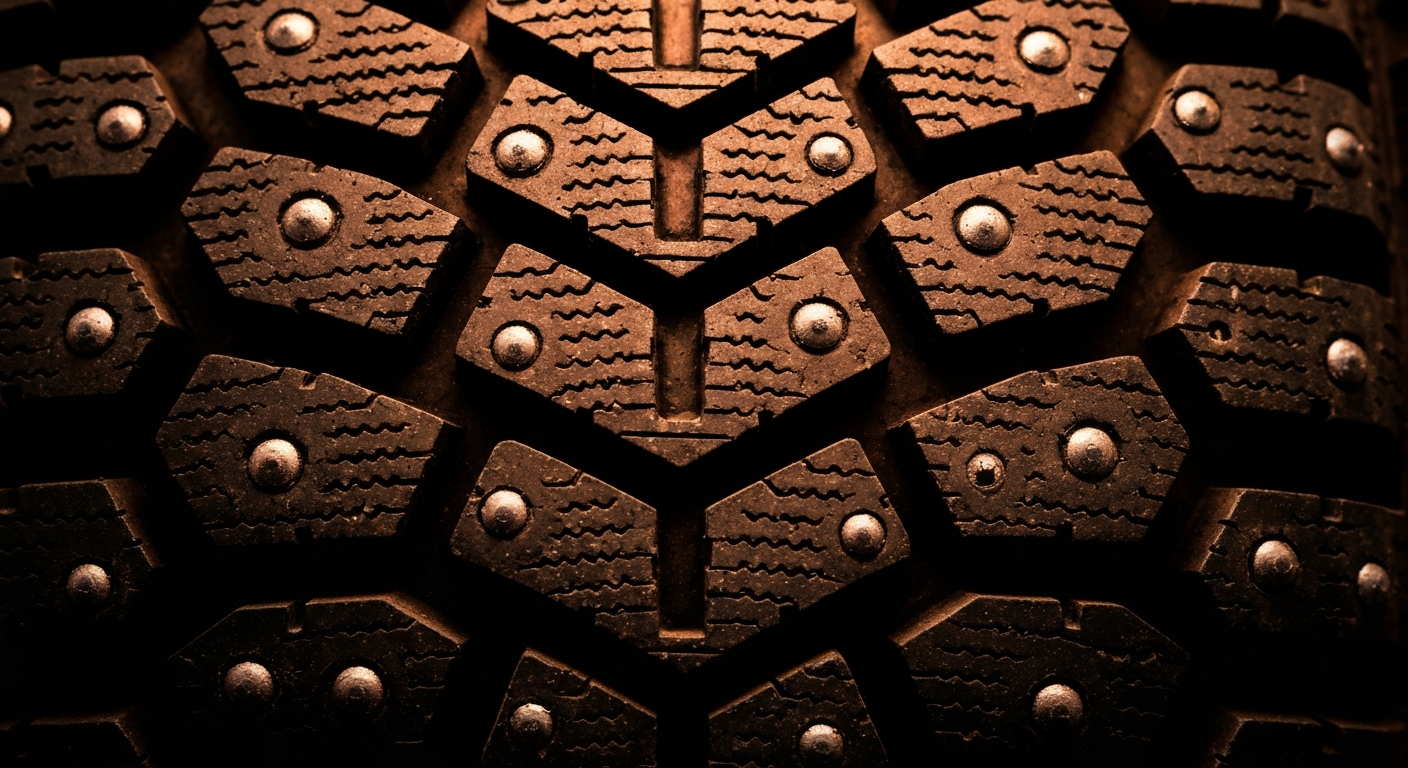 An extreme close-up of a studded tire tread pattern, with the pebbled rubber and metal studs captured in dramatic lighting and rich, earthy colors, conceptually illustrating the wear and tear studded tires can have on pavement.