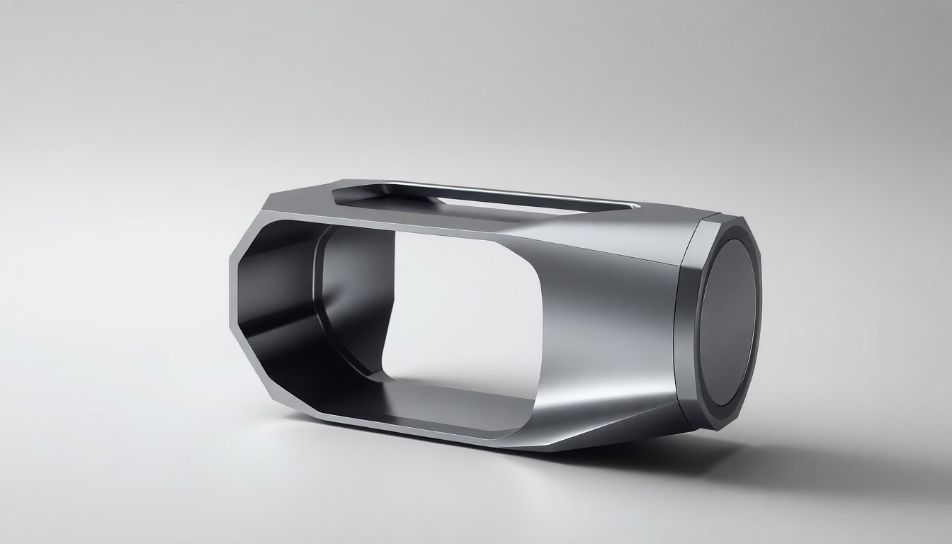 A sleek, metallic aerospace component or prototype part floating on a clean, monochromatic background, using sharp, dramatic studio lighting and deep shadows to represent the advanced engineering and innovation behind AEVEX's aerospace technologies.