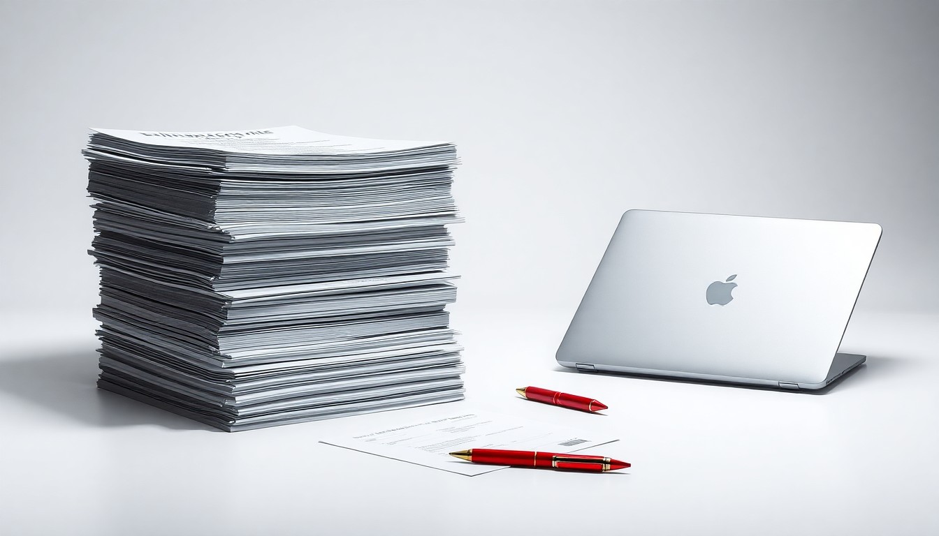 A minimalist studio still life photograph featuring a stack of shipping manifests, a laptop, and a red pen, symbolizing the operational and technological changes at Lineage, Inc.