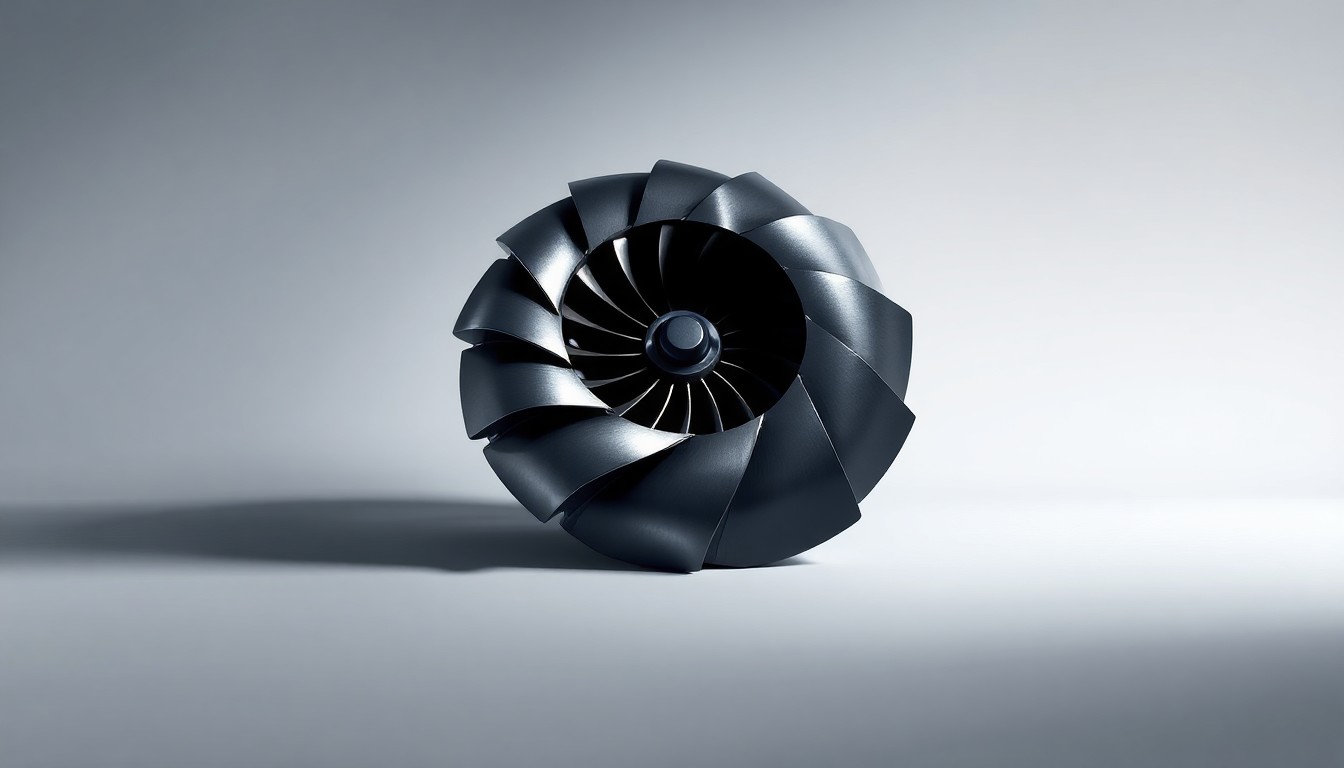A highly detailed, photorealistic studio photograph of a polished metal aerospace part, such as a turbine blade or engine component, arranged elegantly on a clean, monochromatic background and dramatically lit to showcase the precision and technical sophistication of Howmet's manufacturing.