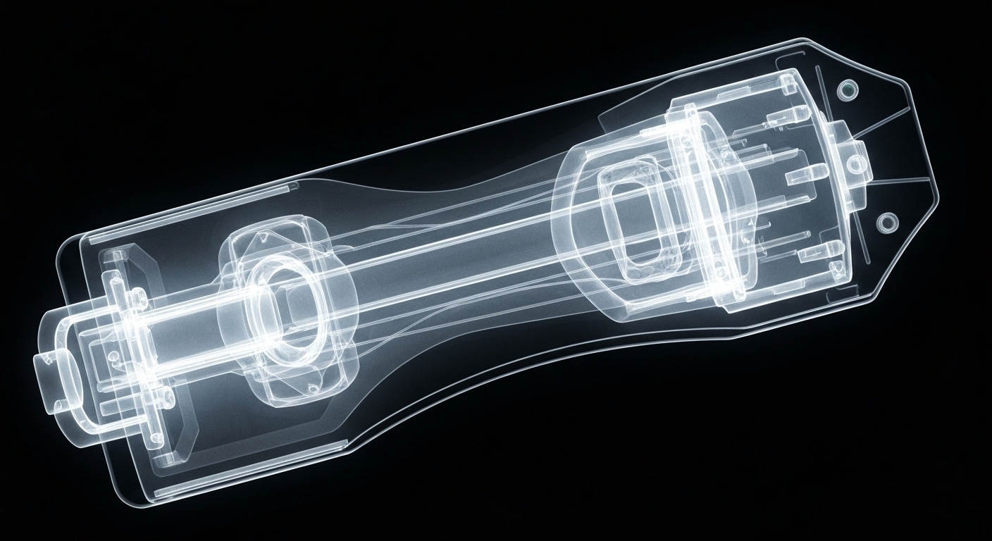 A ghostly, translucent X-ray image of a medical diagnostic device, revealing its intricate internal structure against a dark background.
