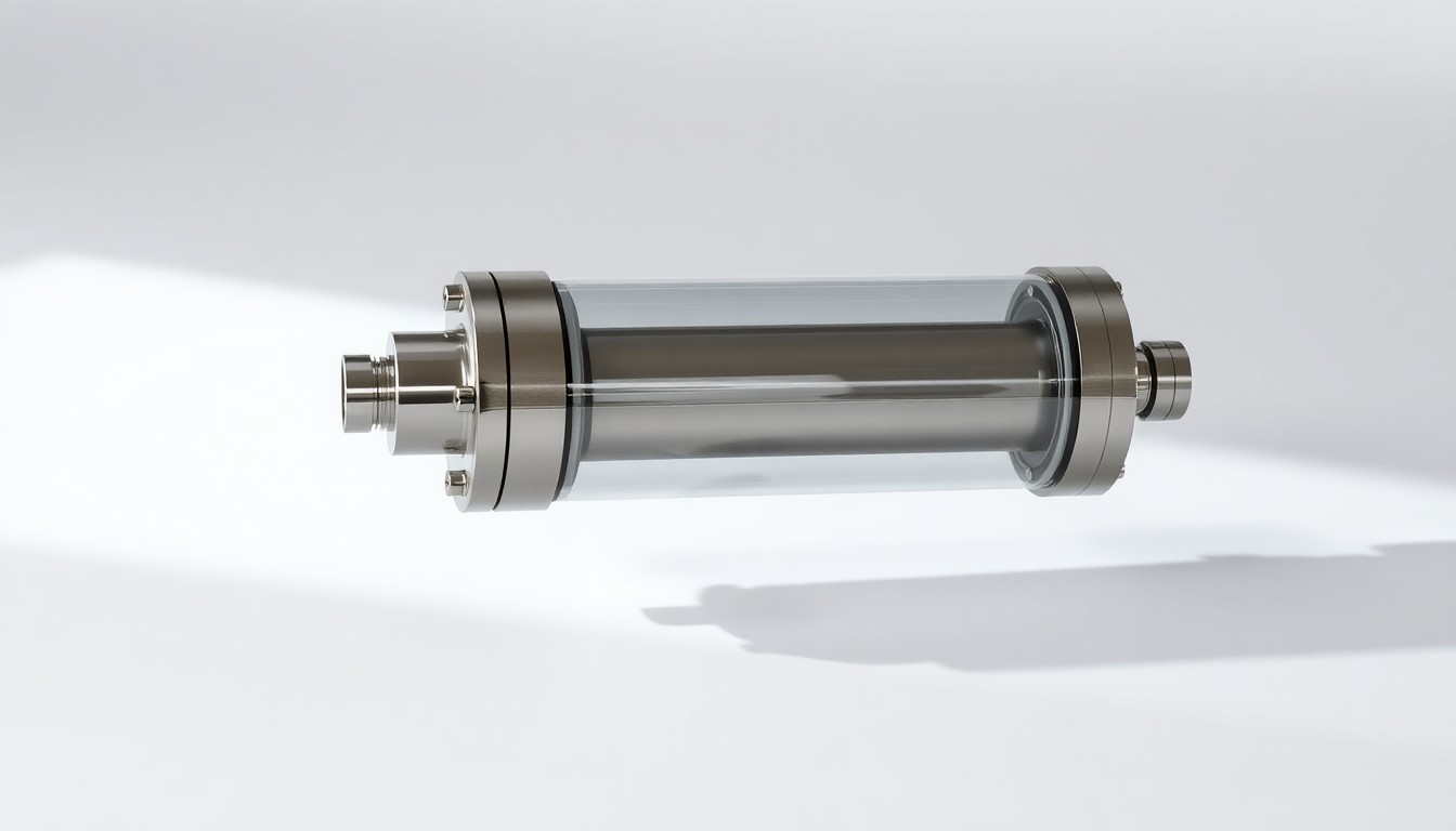 A photorealistic studio still-life image of a sleek, polished membrane filter module made of stainless steel and glass, floating on a clean white background with dramatic lighting and deep shadows, conceptually representing the advanced engineering and premium materials of the company's products.