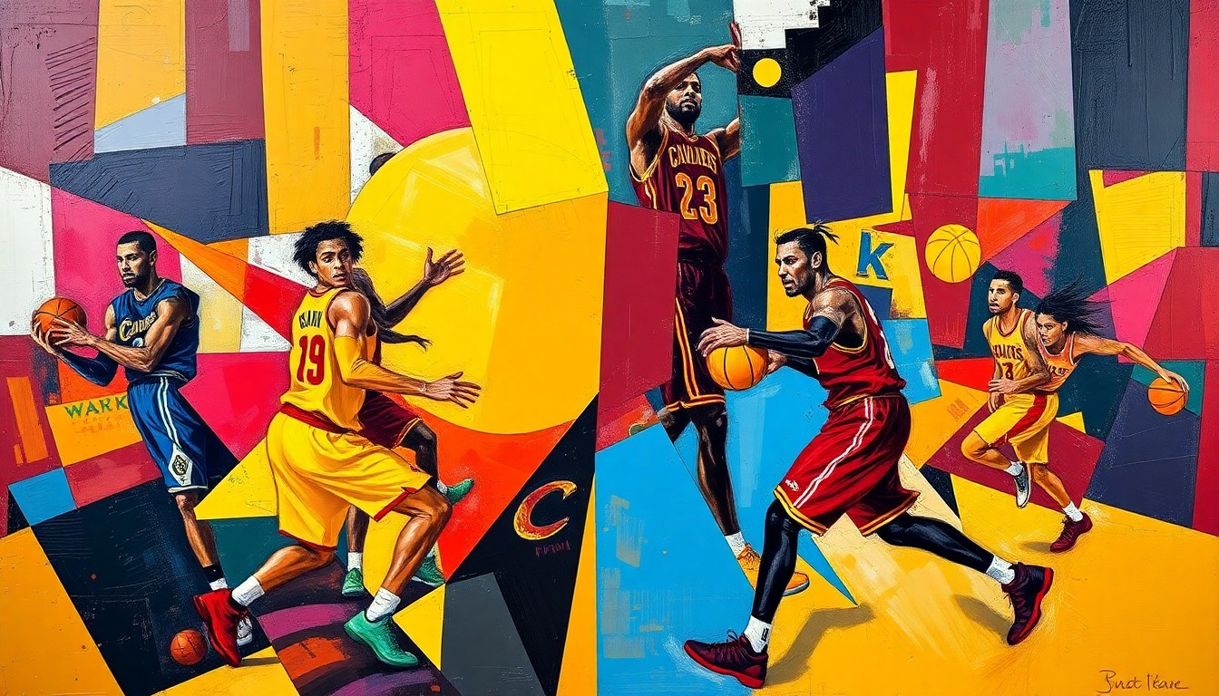 A fractured, multi-perspective painting depicting a basketball game between the Cleveland Cavaliers and Atlanta Hawks, with the players' forms broken down into sharp, overlapping geometric shapes and planes of vibrant colors.