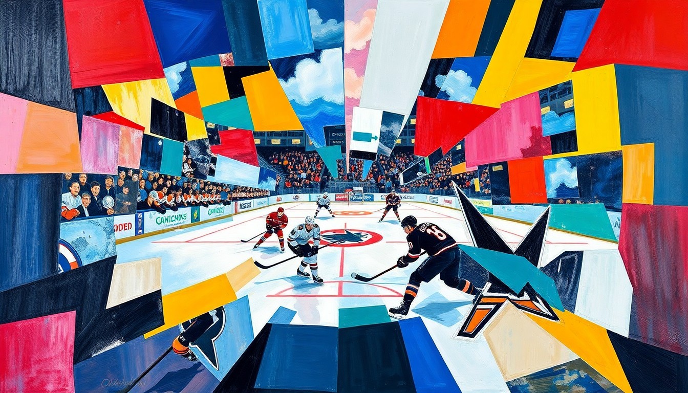A fragmented, geometric painting in bold colors depicting the dynamic movements and competing forces of a professional hockey game.