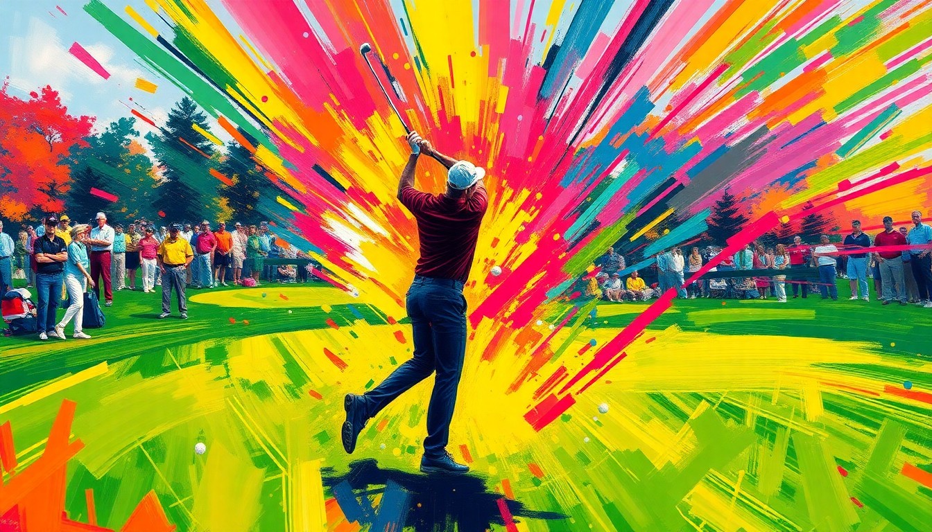 An abstract, energetic painting in neon colors and loose brushstrokes, capturing the excitement and intensity of the Masters golf tournament.