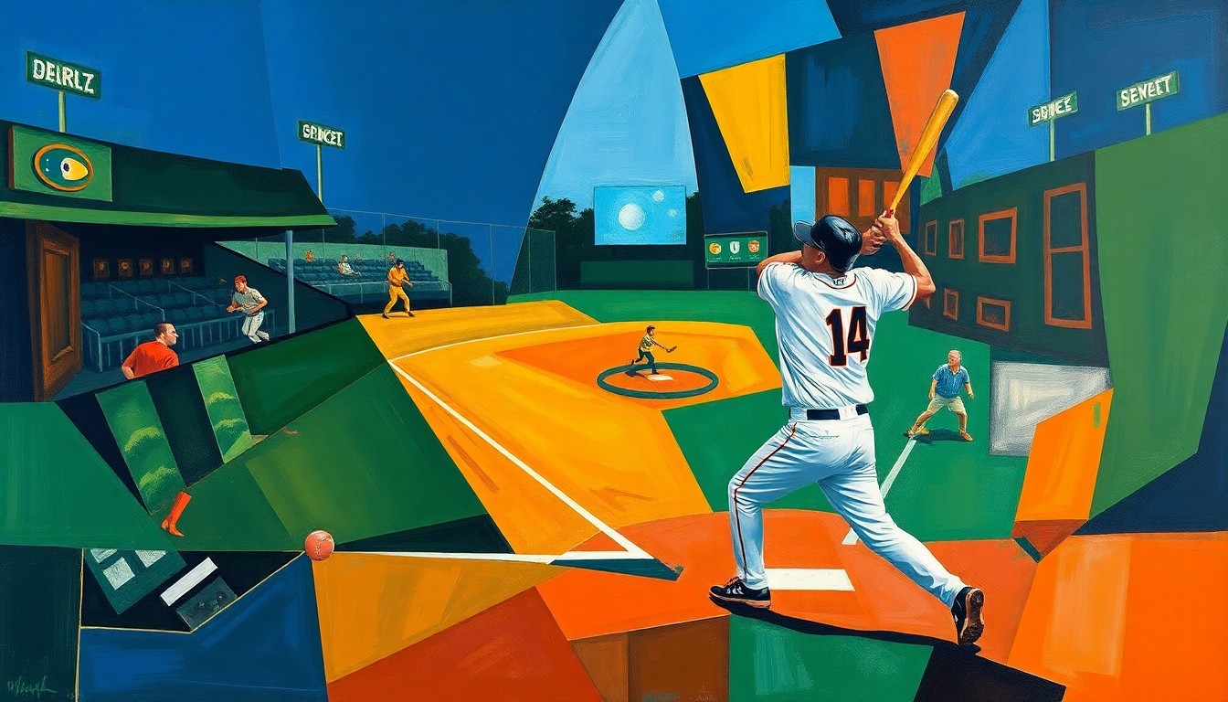 A cubist, geometric painting depicting the fragmented motion and energy of a baseball player, representing the lasting legacy of Davey Lopes.