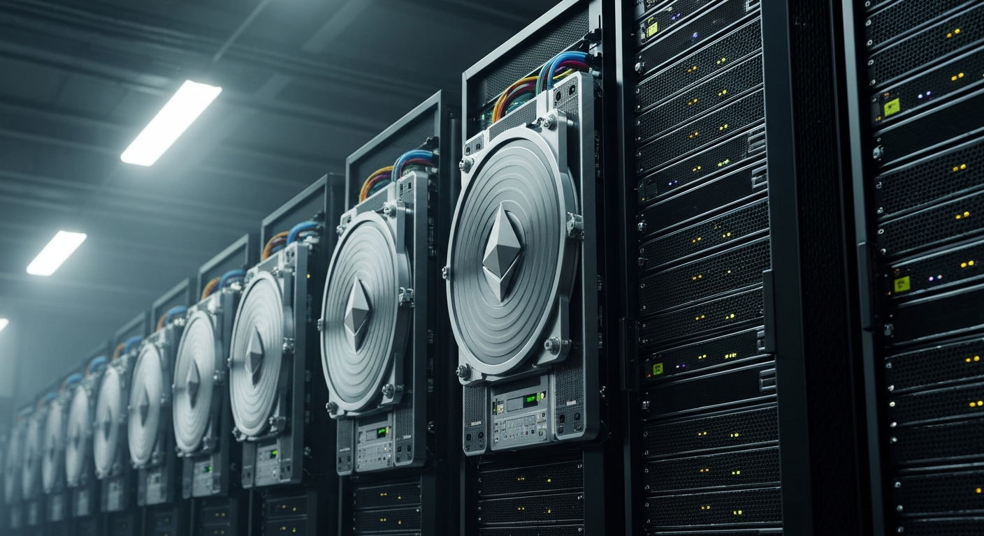 An extreme close-up of intricate, metallic Ethereum mining rigs and server racks, conveying the industrial scale and technical complexity of Bitmine's crypto mining operations.