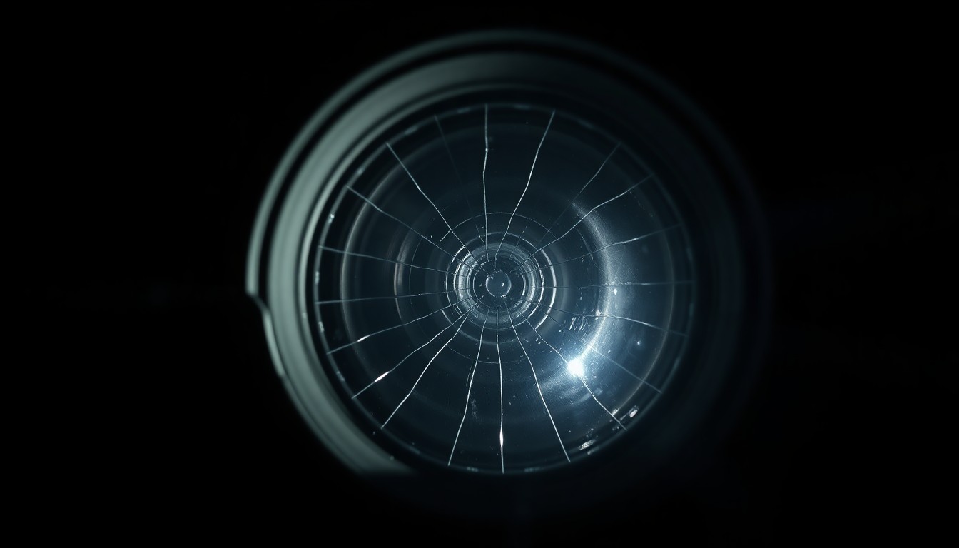 An extreme close-up of a shattered camera lens reflecting a bright, harsh light, conceptually illustrating the invasive nature of stalking and the potential for violence.