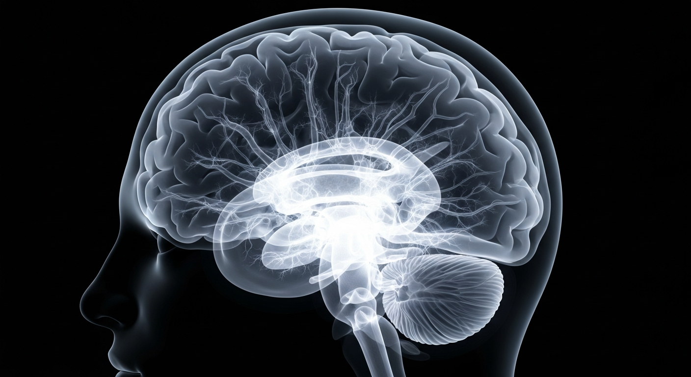 A highly detailed, translucent X-ray image of a human brain, with the intricate neural structures and pathways illuminated in a ghostly glow against a dark background, conceptually representing the company's work in neuroimmunology.