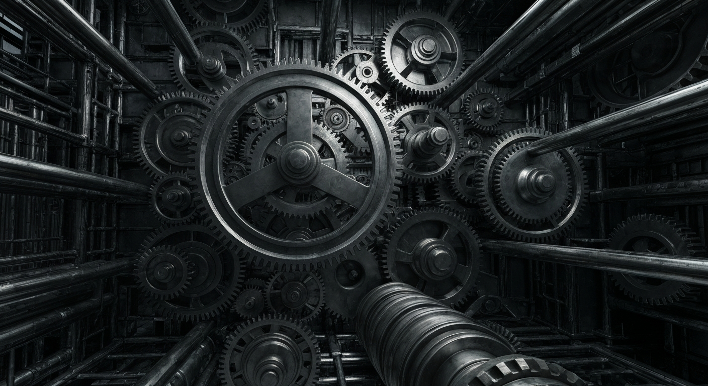 An extreme close-up of metallic gears and machinery, conveying the intricate financial infrastructure behind collateralized loan obligations.