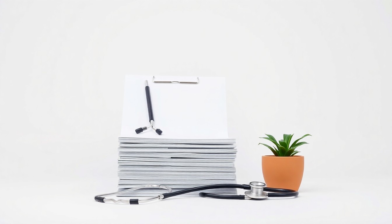 A clean, minimalist studio still life photograph featuring a stack of medical clipboards, a stethoscope, and a potted plant against a plain white background, conceptually representing the professionalism and care-focused culture of Agape Care Group.