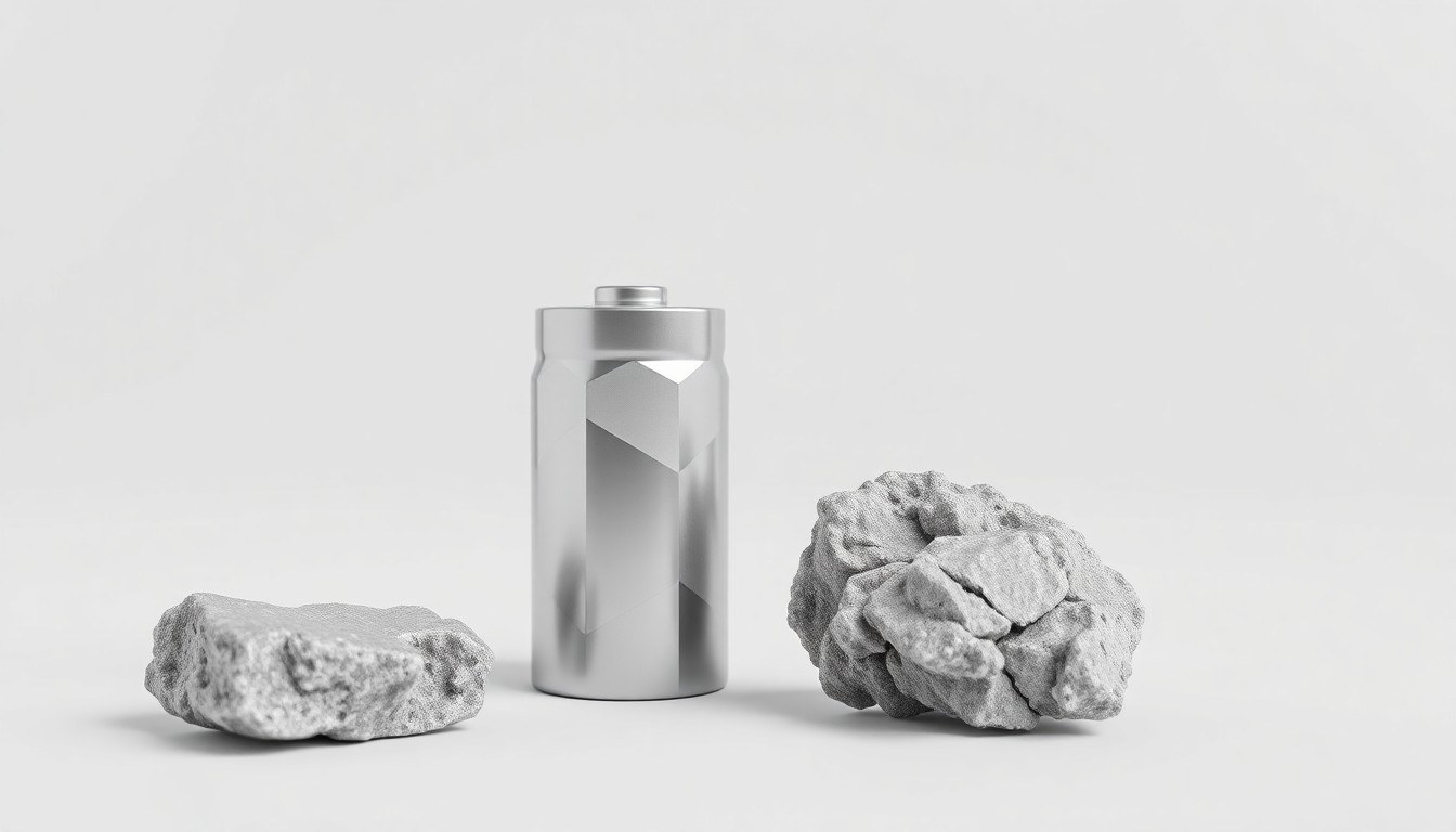 A photorealistic studio still life featuring a polished, geometric lithium battery cell and a raw lithium mineral sample arranged elegantly on a clean, monochromatic background, conceptually representing the strategic importance of domestic lithium resources for the U.S. energy transition.