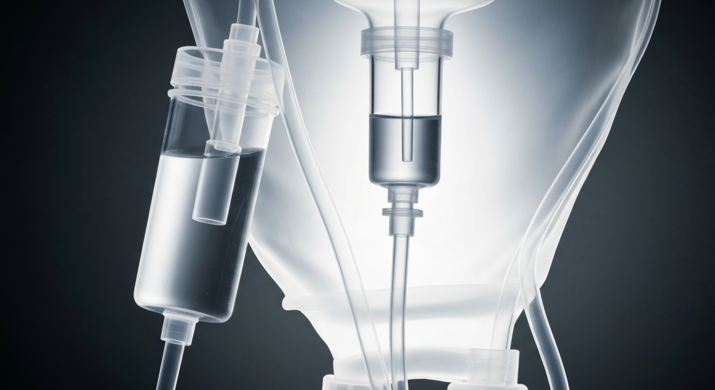 A ghostly, glowing X-ray photograph revealing the internal structures of an IV drip bag and tubing, conceptually illustrating the specialized infusion services offered at Soleo Health's new Austin facility.