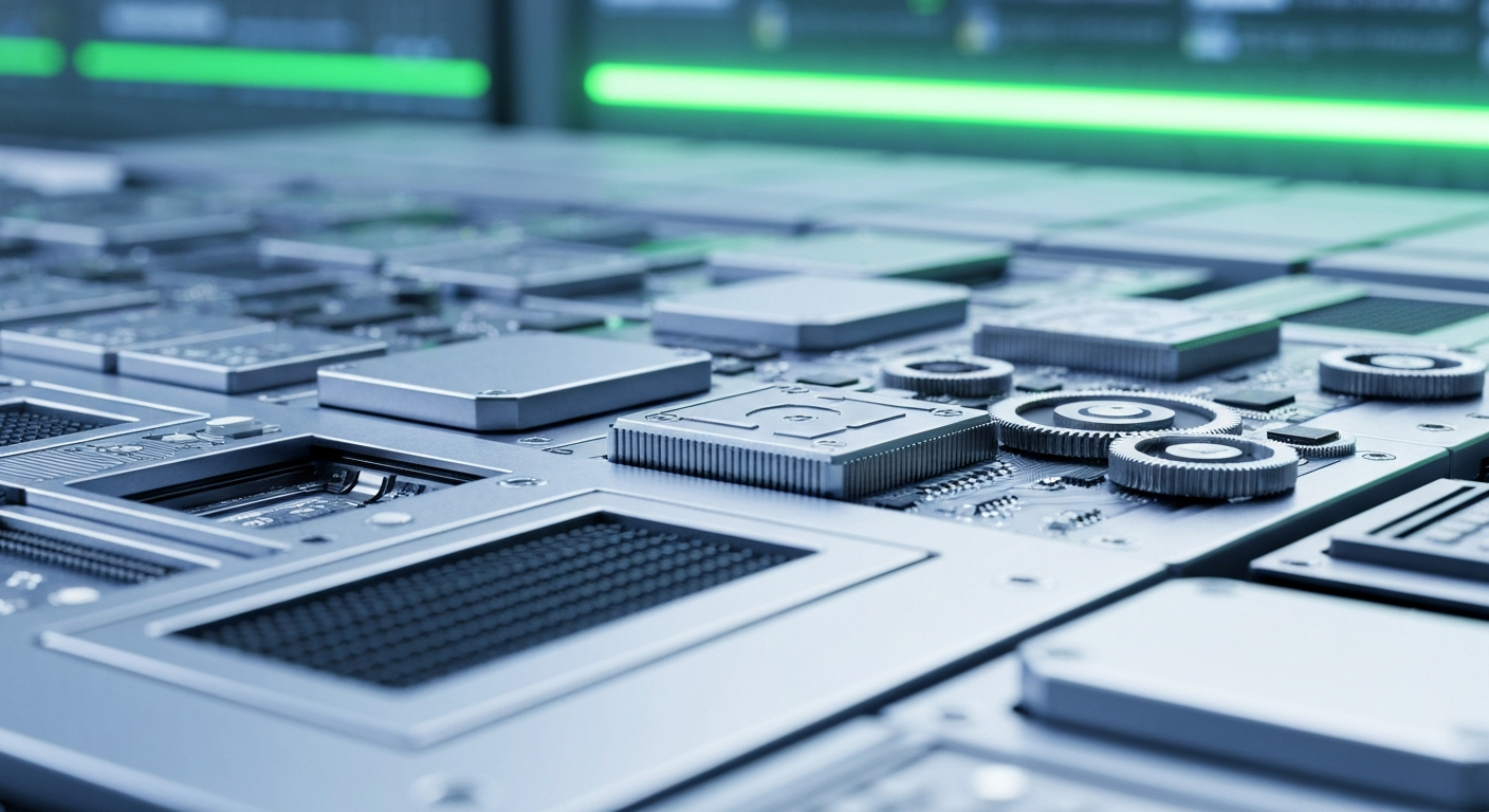 An extreme close-up of complex banking equipment and computer systems, conveying the intricate financial infrastructure behind the Medicare Advantage industry.