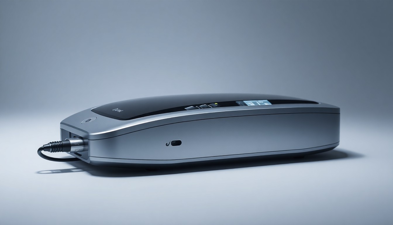 A photorealistic studio still-life image of a sleek, modern medical device made of polished metal and glass, resting on a clean, monochromatic background and dramatically lit to symbolize the innovation and precision of Curonix's technology.