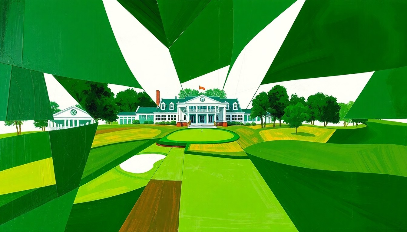 A cubist, geometric painting depicting the iconic Augusta National clubhouse and golf course in a fractured, multi-perspective style, using sharp planes of deep green, bright white, and rich brown to capture the club's unwavering commitment to exclusivity.