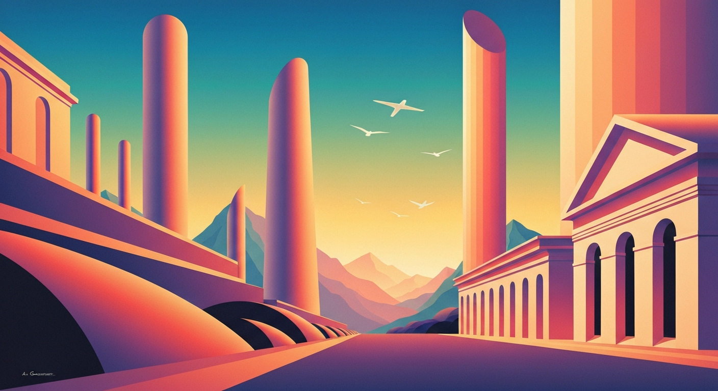 A highly stylized, geometric illustration depicting the grand scale and streamlined forms of air travel, capturing the uncertainty and disruption facing the industry and its passengers due to volatile fuel prices.