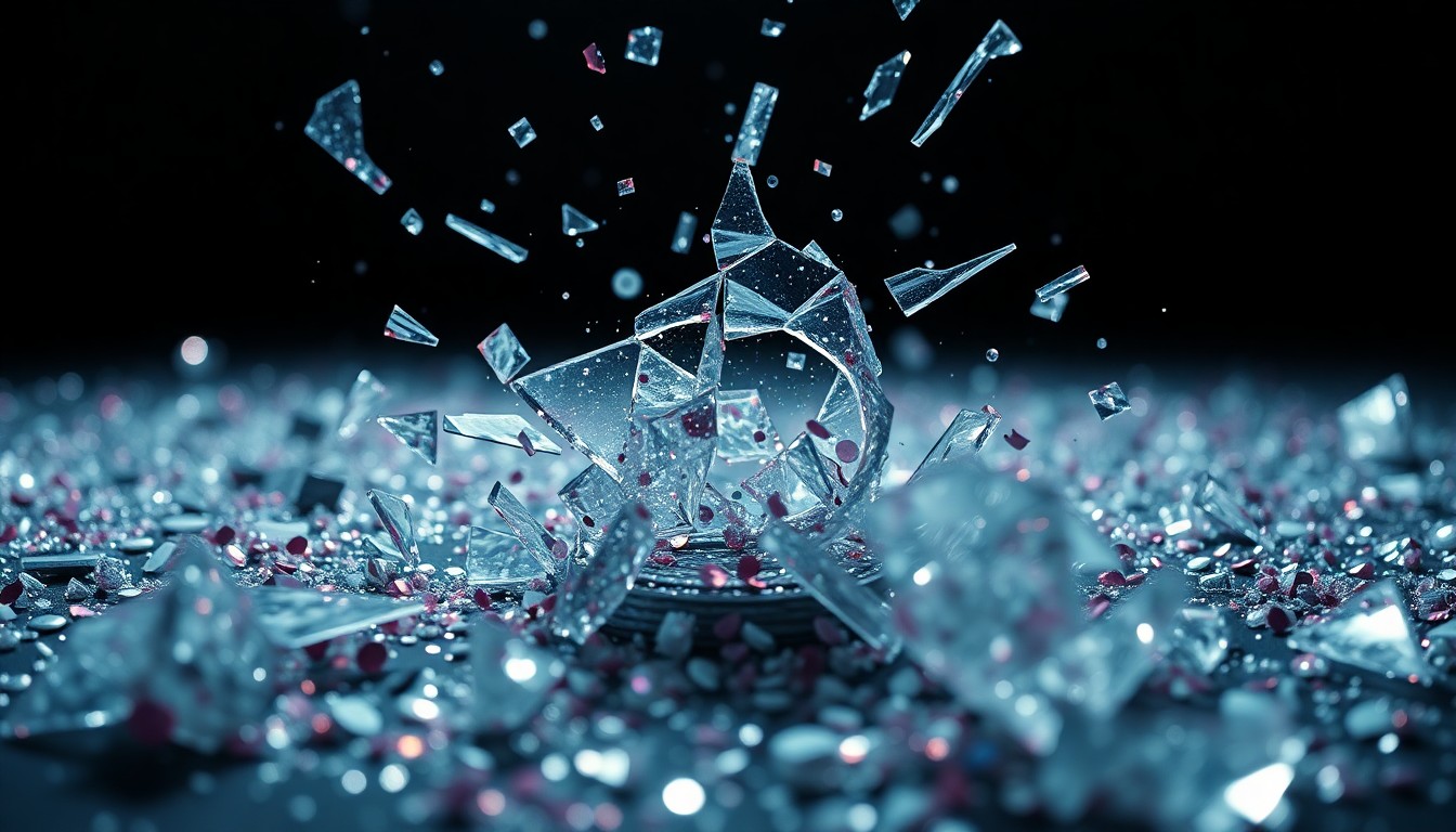 An abstract close-up image of shattered glass and sparkling sequins, captured in high-contrast studio lighting to create a conceptual representation of the downfall of a famous public figure.