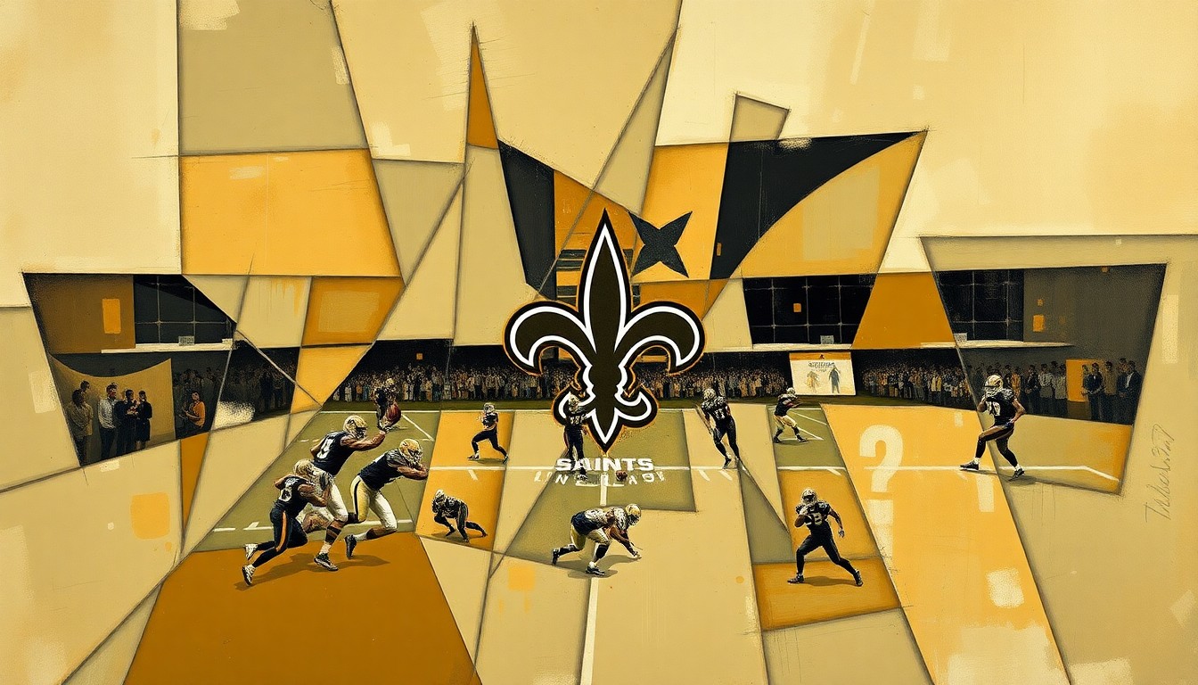 A fractured, cubist-style painting depicting the New Orleans Saints' draft process, with sharp geometric planes in muted earth tones representing the team's unconventional approach to first-round selections.