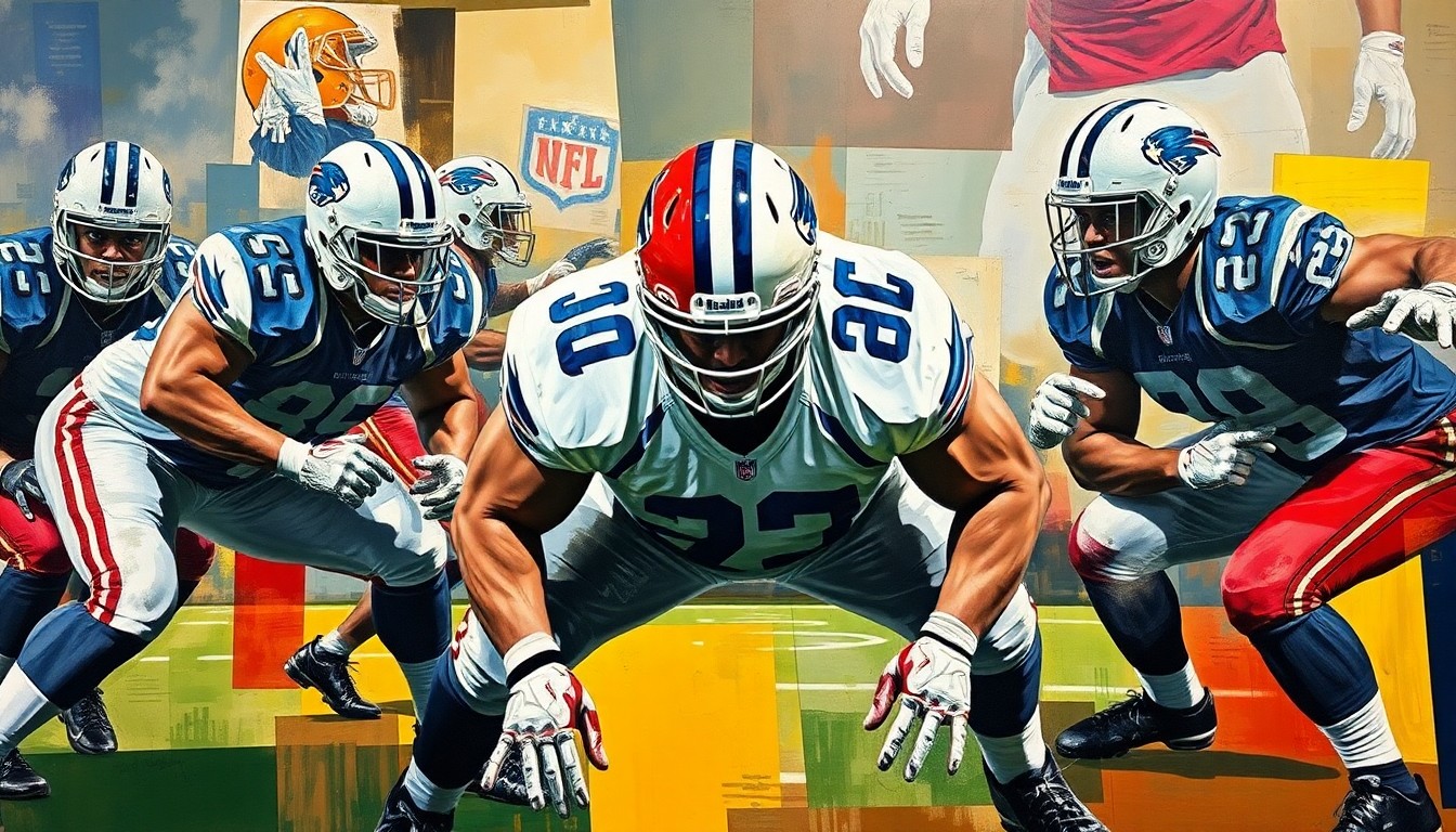 A cubist, geometric painting depicting the fragmented movements and techniques of a football offensive lineman, conceptually representing the difficult decision facing the Dolphins regarding the high-risk, high-reward prospect.